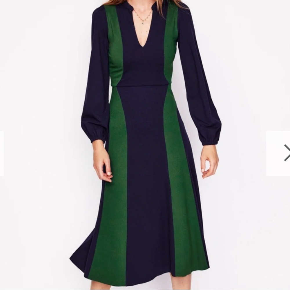 Boden Elegant Green and Navy Long Sleeve Midi Dress - US 8 - NWT